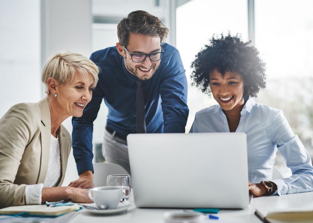 Business team working on laptop in a bright office.