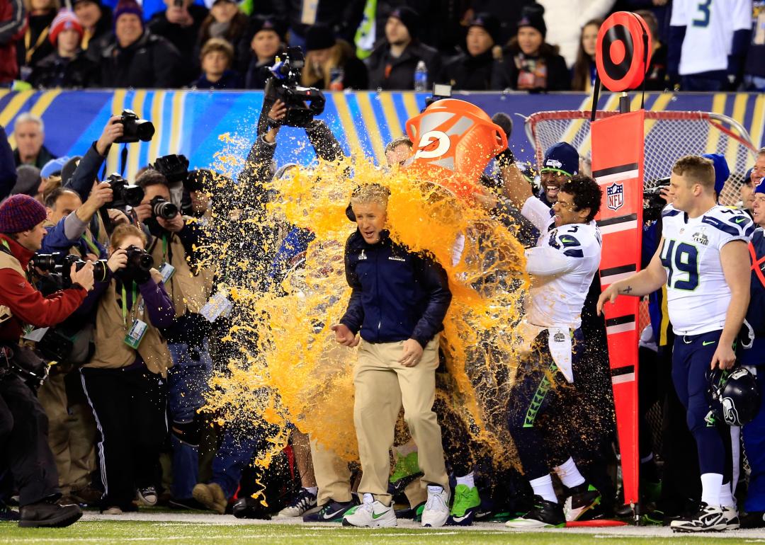 The Seattle Seahawks players dump Gatorade on head coach Pete Carroll.