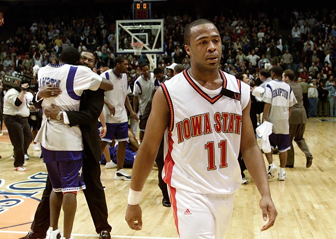 Jamaal Tinsley walks off the court after the Hampton Pirates won 58-57 during the NCAA Tournament.