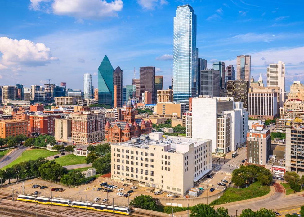 Blue skies over Dealey Plaza, foreground, and downtown Dallas.