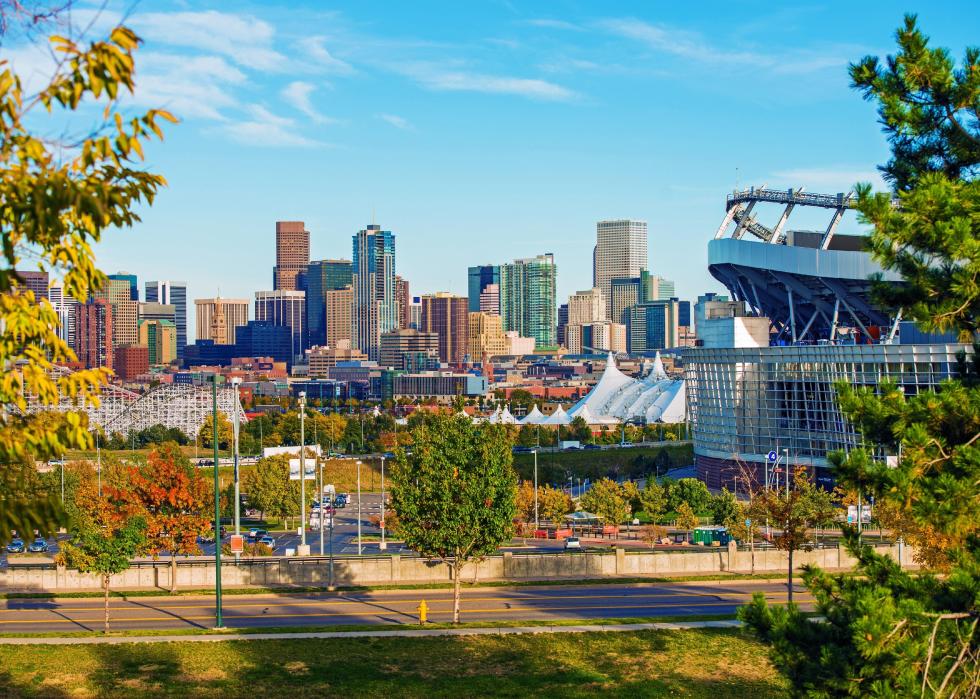 An aerial view of the Denver skyline.