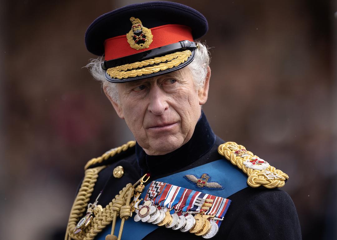 King Charles III inspects the 200th Sovereign's parade at Royal Military Academy Sandhurst on April 14, 2023 in Camberley, England.