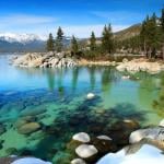 View of mountains from the water in Lake Tahoe, Nevada.