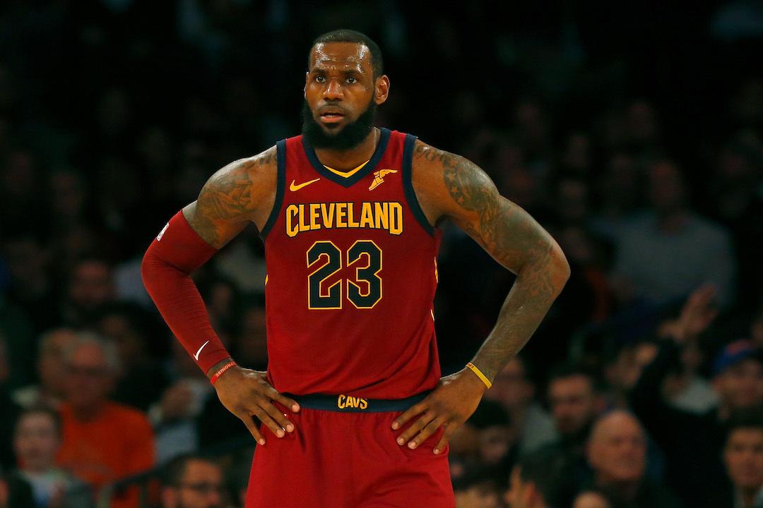 LeBron James of the Cleveland Cavaliers in action against the New York Knicks at Madison Square Garden on April 9, 2018 in New York City.