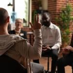 A group circle meeting with one man holding up his hand.