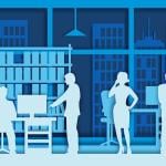 Concept of working office illustrated by silhouettes of employees made with white cut paper on blue background.