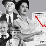 black and white photo illustration of parents looking oblivious with graph of decreasing test scores  