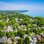 Aerial view of Whitefish Bay, Wisconsin looking north featuring Lake Michigan