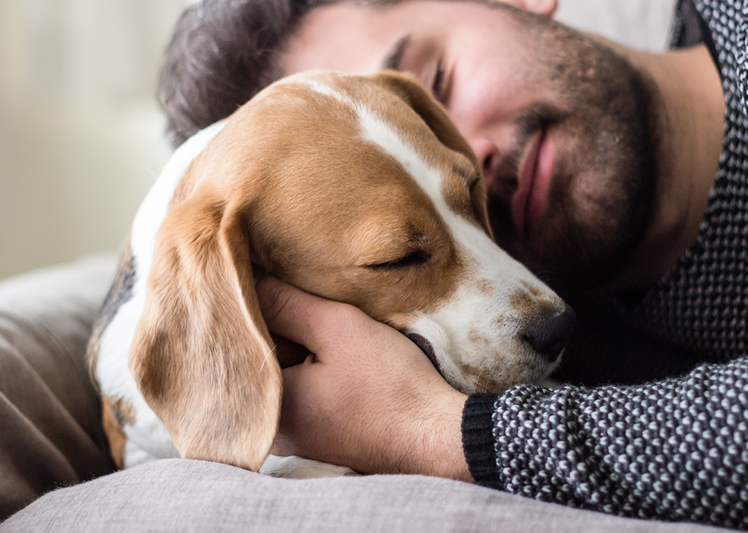 Man hugging dog.