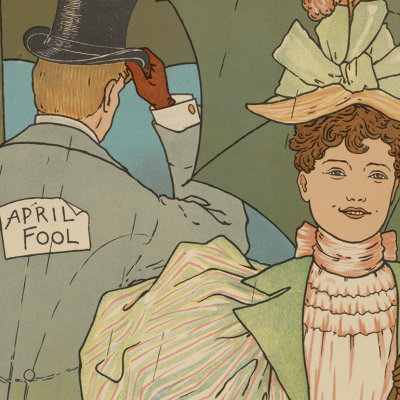 Illustration of woman smiling and man with paper ‘April fool’ pinned to the back of his jacket.