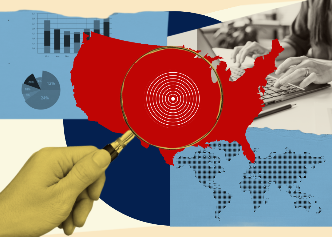 Collage illustration with magnifying glass over US map and world map.