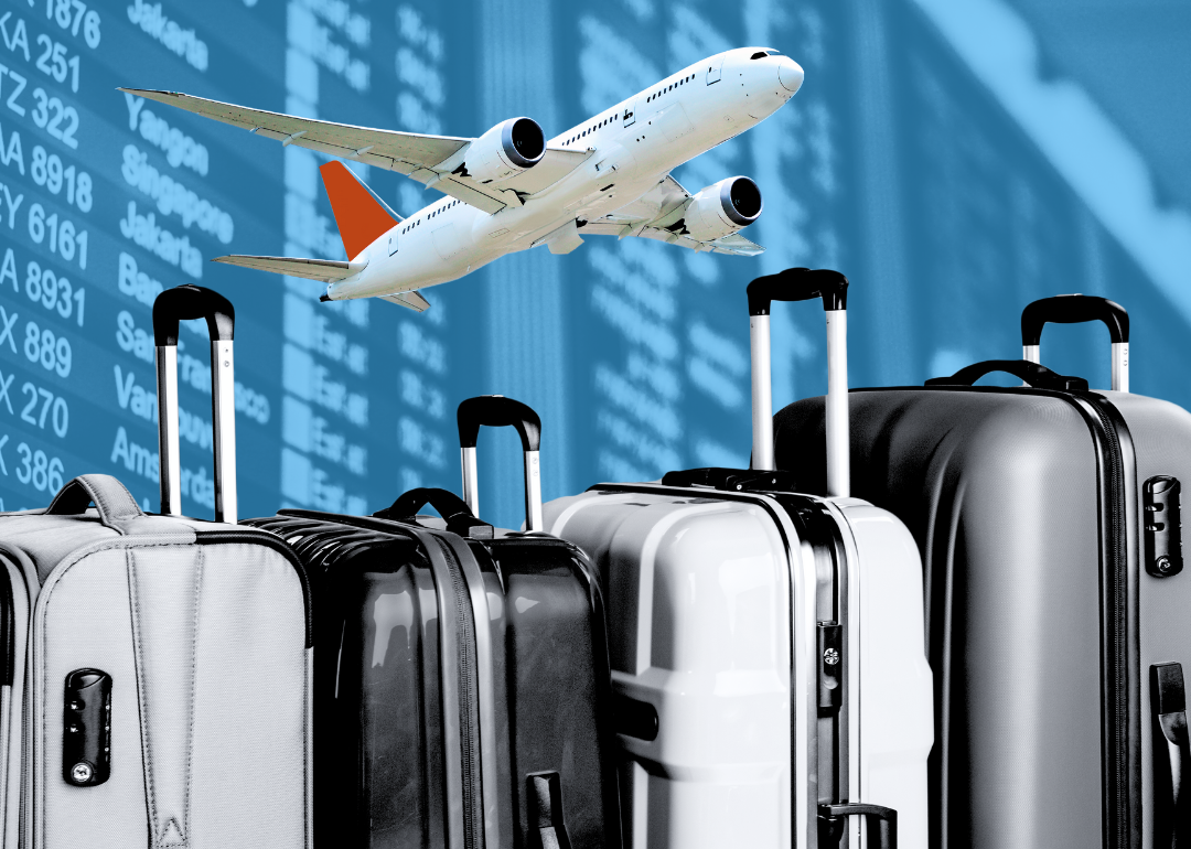 An illustration of a plane and four suitcases against a blue backdrop of a departure board.