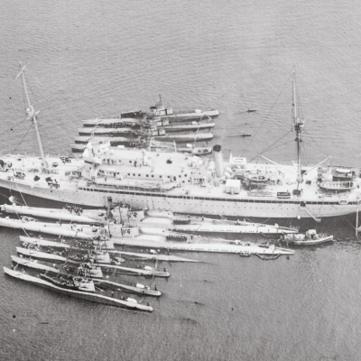 Aerial View of USS Holland and Type V Submarines, circa 1929