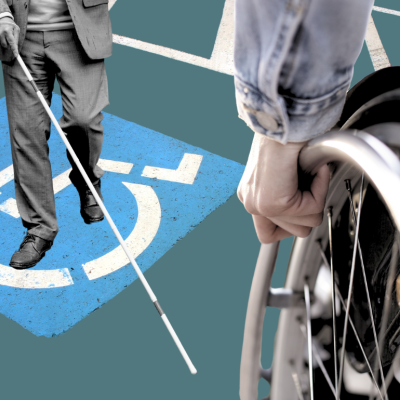 A photo illustration with a green background, showing a disabled parking space with the typical adjoining white-painted crosswalk lines, a hand propelling the wheel of a wheelchair, and a person walking with a white cane.