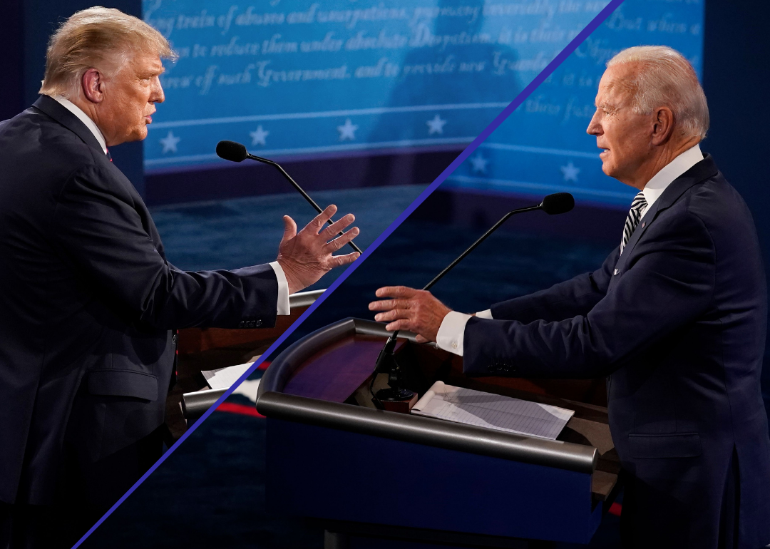 A split screen image of Donald Tump and Joe Biden standing at podiums. 