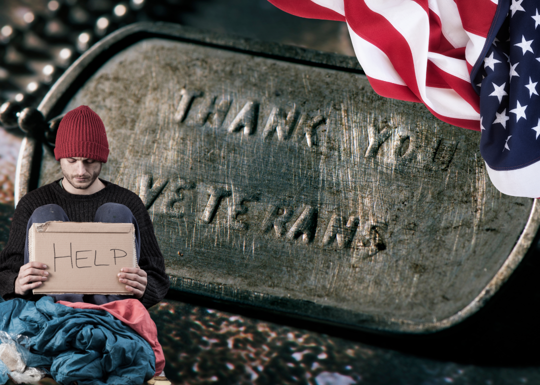 A man is seated against a backdrop of a military dog tag and an American flag.